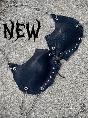 NEW Genuine Leather Steel Chain Wasteland Bralette Bikini Halter Top Goth